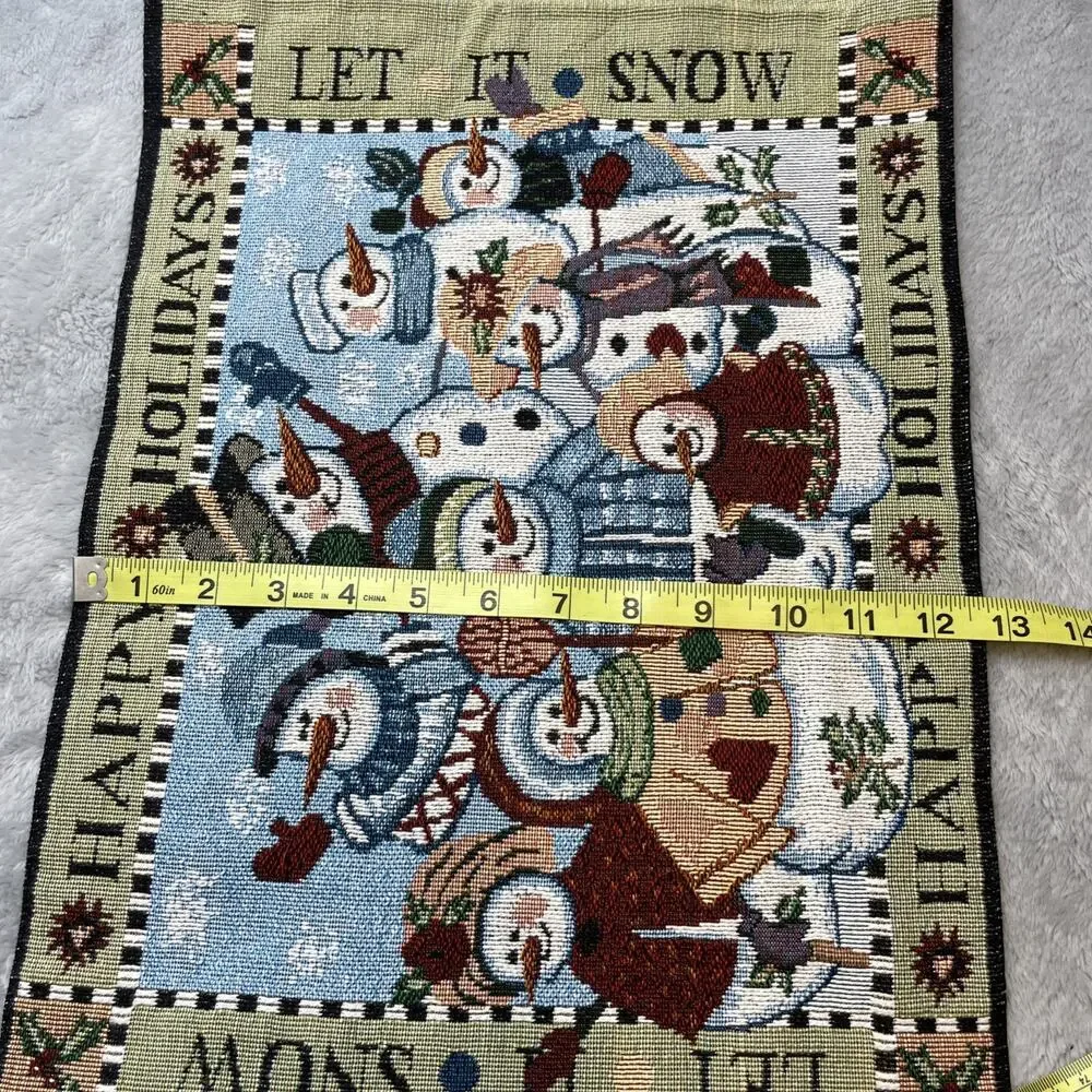 Christmas Holiday Tapestry Table‎ Runner Let it Snow Snowmen Block Print 67x12.5